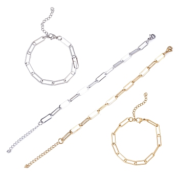 2Pcs 2 Colors 304 Stainless Steel Paperclip Chain Bracelets for Women, Real Gold Plated & Stainless Steel Color, 6.89 inch(17.5cm), 1pc/color