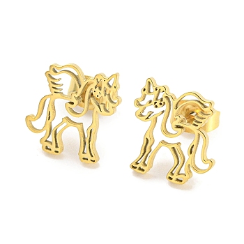 Hollow Out Unicorn 304 Stainless Steel Stud Earrings, Golden, 12.5x12mm