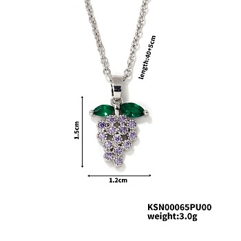 Delicate Grape Brass Rhinestones Pendant Necklace with Cable Chain for Women Girl, Violet, 15.75 inch(40cm)+5cm