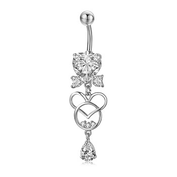 Piercing Jewelry, Brass Cubic Zirciona Navel Ring, Belly Rings, with 304 Stainless Steel Bar, Lead Free & Cadmium Free, Herat, Clear, 52mm, Pendant: 25x13.5mm, Bar: 14 Gauge(1.6mm), Bar Length: 3/8"(10mm)