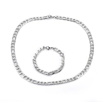304 Stainless Steel Jewelry Sets, Figaro Chains Necklaces & Bracelets, Stainless Steel Color, Necklace: 23.6 inch(60cm), Bracelets: 8-5/8 inch(22cm)