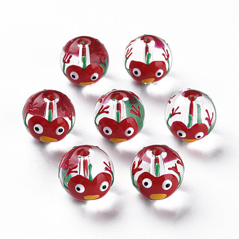 Transparent Glass Enamel Beads, Round with Cherry, Dark Red, 13.5~14x12~12.5x11.5mm, Hole: 1.6~2mm