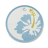 Opaque Acrylic Pendants, Flat Round with Flower, Sky Blue, 45x3mm, Hole: 3.5mm(BACR-C001-01F)