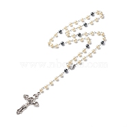 Synthetic Hematite & Glass Rosary Bead Necklaces for Women, Jesus Cross Alloy Pendant Necklaces, Antique Silver, 22.17 inch(56.3cm)(NJEW-JN03992)