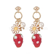 Natural Pearl & Alloy Enamel Flower & Lampwork Strawberry Dangle Stud Earrings, Brass Long Drop Earrings for Women, Crimson, 42mm, Pin: 0.9mm(EJEW-TA00143)