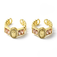 Rhinestone Virgin Mary Open Cuff Ring, Rack Plating Brass Jewelry, Lead Free & Cadmium Free, Real 18K Gold Plated, Inner Diameter: 17mm(RJEW-D078-15G)