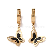 Black Resin Butterfly Dangle Hoop Earrings, Ion Plating(IP) 304 Stainless Steel Jewelry for Women, Golden, 32mm, Pin: 1mm(EJEW-A082-02G)