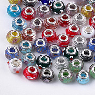Handmade Lampwork European Beads, Large Hole Beads, with Platinum Plated Brass Double Cores, Rondelle, Mixed Color, 13.5~15x10~11mm, Hole: 5mm(X-LPDL-T001-02)