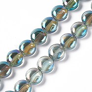 Electroplate Glass Beads Strands, Full Rainbow Plated, Flat Round, Light Sea Green, 12~12.5x6.5mm, Hole: 1mm, about 50pcs/strand, 23.62 inch(60cm)(EGLA-L033-FR02)