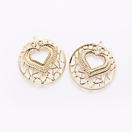 Iron Filigree Pendants, Flat Round with Heart, Golden, 28x26x0.5mm, Hole: 1.2mm(X-IFIN-F158-49G)