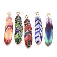 Rack Plating Alloy Pendants, Printed, Lead Free & Cadmium Free & Nickel Free, Feather Charm, Light Gold, Mixed Color, 38x9x1.5mm, Hole: 1.8mm(FIND-H043-02LG-M)