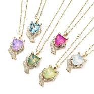Lion Light Gold Brass Micro Pave Cubic Zirconia Pendant Necklaces, with Glass, Mixed Color, 16.06 inch(40.8cm)(NJEW-E105-17KCG)