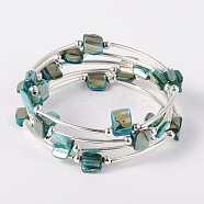 Shell Beads Wrap Bracelets, Dyed, Steel Bracelet Memory Wire with Brass Tube Beads and Iron Round Beads, Platinum, 59mm, Medium Turquoise, 59mm(BJEW-JB01608-04)