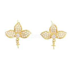 Flower 925 Sterling Silver Micro Pave Cubic Zirconia Stud Earring Findings, with Pinch Bails and S925 Stamp, for Half Drilled Beads, Real 18K Gold Plated, 17x18.5mm, Pin: 11x0.6mm(EJEW-B038-18G)