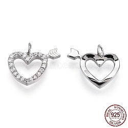 Rhodium Plated 925 Sterling Silver Micro Pave Cubic Zirconia Charms, with S925 Stamp and Jump Ring, Heart with Arrow Charms, Nickel Free, Real Platinum Plated, 10x14x2mm, Hole: 2.2mm(STER-T004-62P)