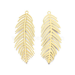 304 Stainless Steel Big Pendants, Etched Metal Embellishments, Leaf, Real 18K Gold Plated, 55.5x19x0.3mm, Hole: 2mm(STAS-N102-03LG)