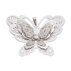 Brass Rhinestone Pendants, Filigree Charms, Platinum, Butterfly, 38x51x5mm, Hole: 6x3mm(PALLOY-JF02513-05)