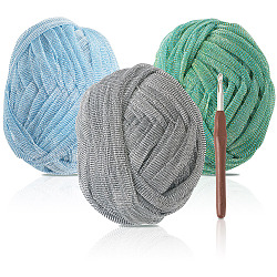 3 Skeins 3 Colors Glitter Mesh Polyester Flat Ribbon Yarn, Super Bulky Cloth Yarn, with 1Pc Aluminum Crochet Hooks, Mixed Color, 45g/skein, about 30m/skein, 1 skeins/coor(DIY-MB0002-06B)