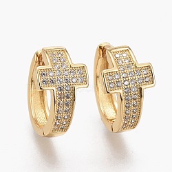 Brass Micro Pave Clear Cubic Zirconia Huggie Hoop Earrings, Long-Lasting Plated, Cross, Real 18K Gold Plated, 16x9.5mm, Pin: 1mm(EJEW-L231-48G)