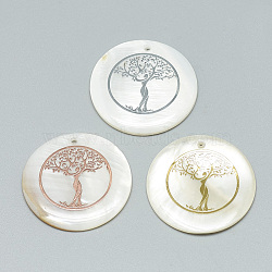 Freshwater Shell Pendants, Covered with Iron Findings, Flat Round with Tree of Life, Mixed Color, 30~31x2~3mm, Hole: 1.8mm(X-SHEL-Q016-013)