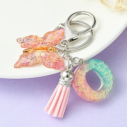 Resin & Acrylic Keychains, with Alloy Split Key Rings and Faux Suede Tassel Pendants, Letter & Butterfly, Random Gradient Color, Letter O, 8.6cm(KEYC-YW00002-15)