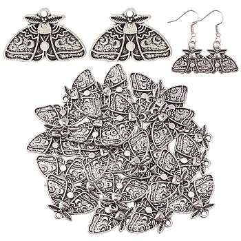 30Pcs Tibetan Style Alloy Pendants, Moth with Moon Phase Charm, Antique Silver, 17.4x25mm