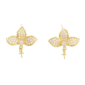 Flower 925 Sterling Silver Micro Pave Cubic Zirconia Stud Earring Findings, with Pinch Bails and S925 Stamp, for Half Drilled Beads, Real 18K Gold Plated, 17x18.5mm, Pin: 11x0.6mm