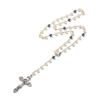 Synthetic Hematite & Glass Rosary Bead Necklaces for Women, Jesus Cross Alloy Pendant Necklaces, Antique Silver, 22.17 inch(56.3cm)