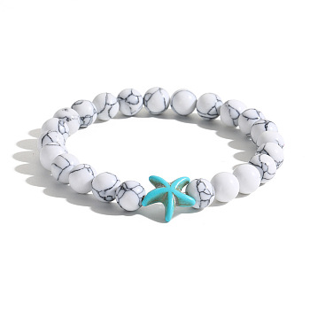 Men's Yoga Jewelry, Synthetic Howlite Round Beads Stretch Bracelets, Starfish, Dark Turquoise