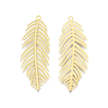 304 Stainless Steel Big Pendants, Etched Metal Embellishments, Leaf, Real 18K Gold Plated, 55.5x19x0.3mm, Hole: 2mm