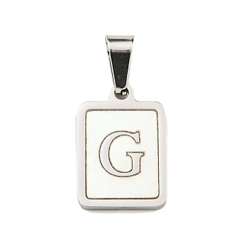 304 Stainless Steel Pave Natural White Shell Pendants, Rectangle with Letter Charms, Stainless Steel Color, Letter G, 17.5x12x1.5mm, Hole: 6x3mm