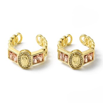 Rhinestone Virgin Mary Open Cuff Ring, Rack Plating Brass Jewelry, Lead Free & Cadmium Free, Real 18K Gold Plated, Inner Diameter: 17mm