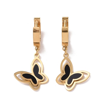 Black Resin Butterfly Dangle Hoop Earrings, Ion Plating(IP) 304 Stainless Steel Jewelry for Women, Golden, 32mm, Pin: 1mm