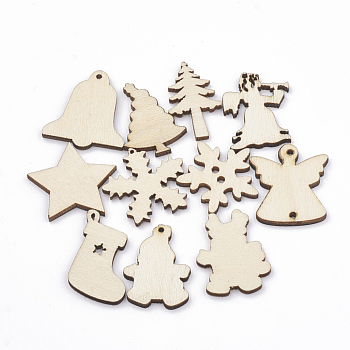 Undyed Wood Pendants, Mixed Shape, Christmas Style, Blanched Almond, 25.5~30x17.5~29x2.5~3mm, Hole: 1~2mm