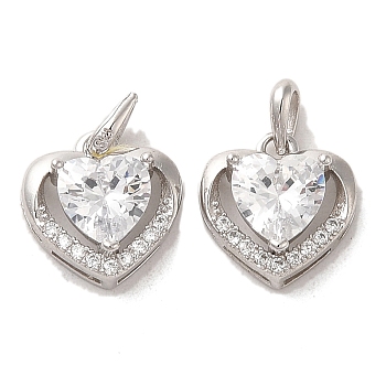 Brass Cubic Zirconia Pendents, with Glass, Long-Lasting Plated, Heart, Platinum, 10.5x10x4mm, Hole: 4x1.5mm