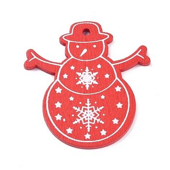 Platane Wood Pendants, Snowman, for Christmas, Red, 50x46.5x2.5mm, Hole: 3mm