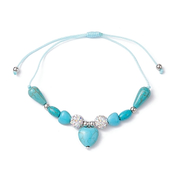 Heart Synthetic Turquoise Braided Bead Bracelets, Adjustable Polymer Clay Rhinestone Bead Nylon Thread Bracelets for Women, Inner Diameter: 1-1/8~3-3/8 inch(2.8~8.5cm)