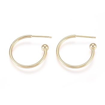 Brass Stud Earrings, Half Hoop Earrings, with Sterling Silver Pin, Long-Lasting Plated, Real 14K Gold Plated, 20x21x4mm, Pin: 0.8mm