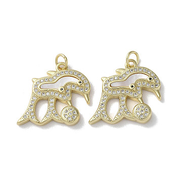 Brass Micro Pave Cubic Zirconia Pendants, with Shell, Real 18K Gold Plated, Dolphin, 20x22x3.5mm, Hole: 3mm