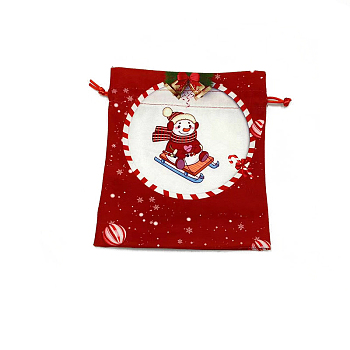 Christmas Printed Cloth Drawstring Bags, Rectangle Gift Storage Pouches, Christmas Party Supplies, FireBrick, 18x16cm