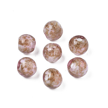 Handmade Gold Sand Lampwork Beads, Round, Rosy Brown, 9~10x9~10mm, Hole: 1.5mm
