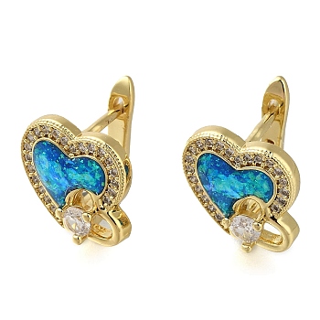 Heart Rack Plating Brass Micro Pave Cubic Zirconia Hoop Earrings, with Synthetic Opal, Cadmium Free & Lead Free, Long-Lasting Plated, Real 18K Gold Plated, 11x11.5mm