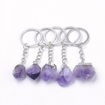 Natural Amethyst Keychain, with Iron Findings, Nuggets, Platinum, 80~91mm