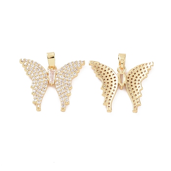 Brass Micro Pave Clear Cubic Zirconia Pendants, Butterfly Charm, Real 18K Gold Plated, 19x22x2.5mm, Hole: 4x2.5mm