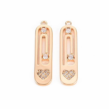Brass Micro Pave Clear Cubic Zirconia Pendants, Nickel Free, Oval, Real 18K Gold Plated, 27x7x2.5mm, Hole: 1.2mm