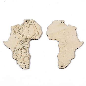 Undyed Natural Wooden  Links Connectors, Laser Cut Shapes, Map with Woman, Antique White, 74x55x4mm, Hole: 1.6mm