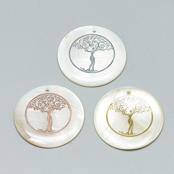 Freshwater Shell Pendants, Covered with Iron Findings, Flat Round with Tree of Life, Mixed Color, 30~31x2~3mm, Hole: 1.8mm