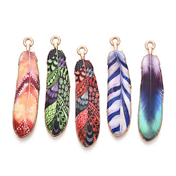 Rack Plating Alloy Pendants, Printed, Lead Free & Cadmium Free & Nickel Free, Feather Charm, Light Gold, Mixed Color, 38x9x1.5mm, Hole: 1.8mm