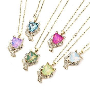 Lion Light Gold Brass Micro Pave Cubic Zirconia Pendant Necklaces, with Glass, Mixed Color, 16.06 inch(40.8cm)