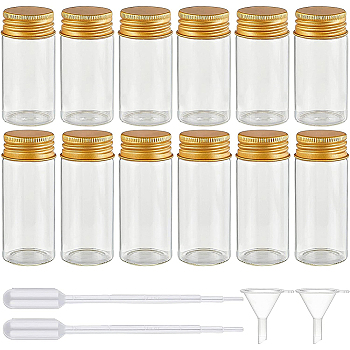 Round Glass Storage Containers for Cosmetic, Candles, Candies, with Aluminium Screw Top Lid, Plastic Funnel Hopper & Transfer Pipettes, Clear, 3x6.1~7.1cm, Capacity: 25ml(0.84 fl. oz)~30ml(1.01 fl. oz), 14pcs